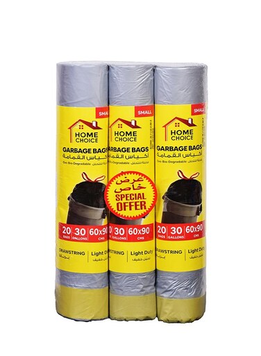CHOICE 30 Gallons, Pack of 60-Pieces, Size 60*90 cm (20 Trash Bags X 3 Rolls), Drawstring Garbage Bags Rolls, Bio-Degradable, Bin Liners with Ribbon Neck Tie