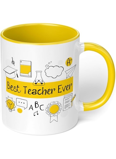 1 Mug - "Best Teacher Ever" Teachers Mug - Perfect for your cuppa Coffee, Tea, Karak, Milk, Cocoa or whatever Hot or Cold Beverage you Drink! - 11 Oz - Yellow Handle &amp; Inside Colour
