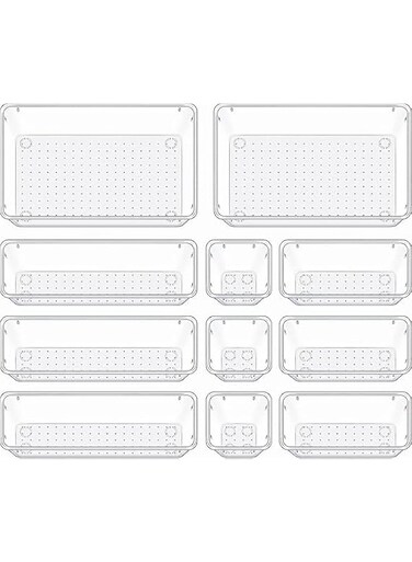 PICCASIO Multi-purpose Drawer Organizer Set and Different sizes Clear Vanity Tray Organizers and storage Boxes, Clear Plastic Storage Bins for Makeup, Office, Kitchen and Bedroom (11 Pcs)