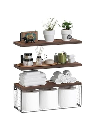 Bathroom Shelves Over Toilet with Storage Basket, Floating Bathroom Wall Shelves for Home Organization &amp; Wall Decor, Bathroom/Kitchen/Living Room Shelves,Natural Wood