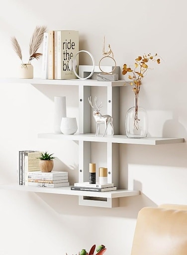 Floating Shelves, 3-Tier Wooden Hanging Shelves for Bathroom and Bedroom Storage, Decorative Wall-Mounted Display Shelf for Plants, Books, Pictures, White