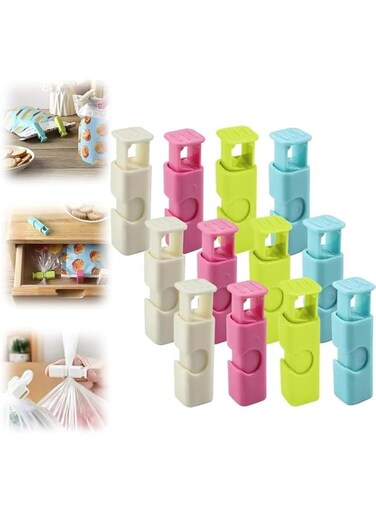 12 Pcs Squeeze and Lock Bread Bag Clips, Bread Clips Resuable, Bag Clips for Food Storage, Sturdy Bread Cilp, Heavy Plastic, Handy Bag Cinch, Easy to Use with Bread Bag Closures