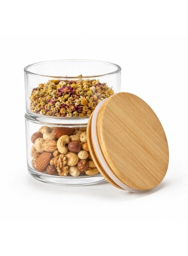 2-Layer Glass Storage Jar, 400 ml, Borosilicate Stackable Container With Airtight Bamboo Lid, For Tea Coffee Spices and Snacks