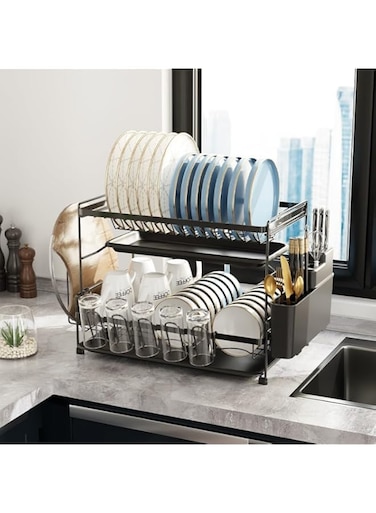 U-HOOME Dish Drying Stand, Large Dish Rack for Kitchen Counter, Super Spacious &amp; Compact Dish Rack with Drainboard, Utensil Holder Cups Holder, Black