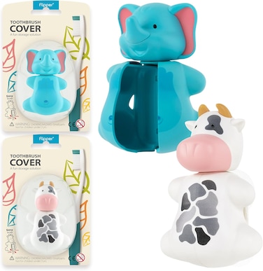 Flipper Hygienic Kids Toothbrush Holder With Suction Cups, High Quality &amp; Patented Design, One Touch Open &amp; Close, For Home Or Travel, Made In Malaysia, Fun Animal Cow &amp; E lephant, pack Of 2