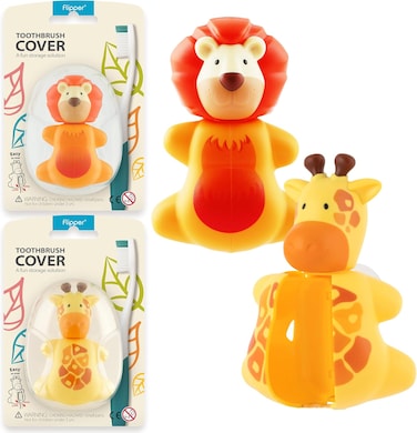 Flipper Hygienic Kids Toothbrush Holder With Suction Cups, High Quality &amp; Patented Design, One Touch Open &amp; Close, For Home Or Travel, Made In Malaysia, Fun Animal Giraffe &amp; Lion, Pack Of 2