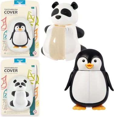Flipper Hygienic Kids Toothbrush Holder With Suction Cups, High Quality &amp; Patented Design, One Touch Open &amp; Close, For Home Or Travel, Made In Malaysia, Fun Animal Panda And Penguin, Pack Of 2