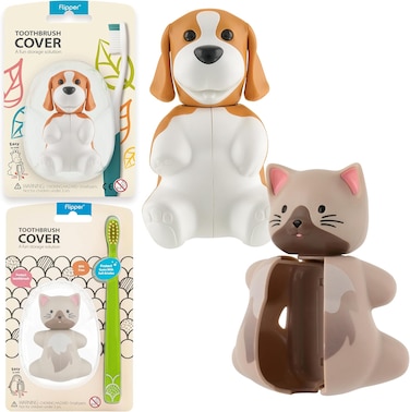 Flipper Hygienic Kids Toothbrush Holder With Suction Cups, High Quality &amp; Patented Design, One Touch Open &amp; Close, For Home Or Travel, Made In Malaysia, Fun Animal Cat &amp; Beagle, Pack Of 2