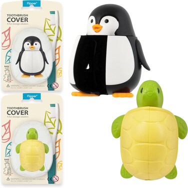 Flipper Hygienic Kids Toothbrush Holder With Suction Cups, High Quality &amp; Patented Design, One Touch Open &amp; Close, For Home Or Travel, Made In Malaysia, Fun Animal Turtle &amp; Penguin, Pack Of 2