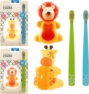 Flipper Toothbrush Cover &amp; Toothbrush Flp Fun Animal Combo Pack/Giraffe + Lion, Soft Bristles Toothbrush, Toothbrush Holder For wall, Made In Malaysia