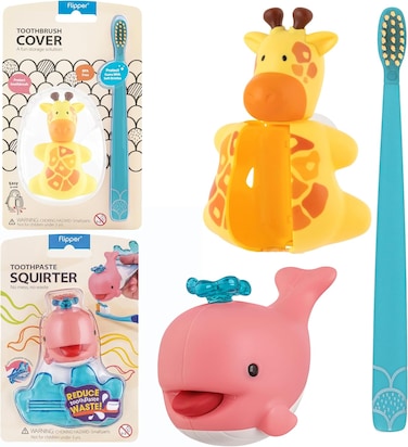 Flipper Toothbrush Cover &amp; Toothbrush Flp Fun Animal Combo Pack/Giraffe + Toothpaste SquirterFlp Whale/Pinki, Soft Bristles Toothbrush, Toothbrush Holder For wall, Made In Malaysia