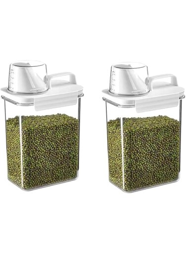 ANTOLE 2 Pack Food Storage Containers with Measuring Cup,1.8L Large Dry Food Storage Containers Snacks Sugar Nuts Pet Food Storage Bin for Kitchen Organization