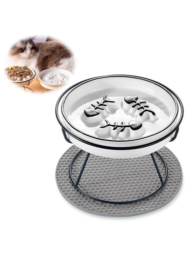 Elevated Ceramic Cat Slow Feeder Bowl, Azonee Whisker Friendly Anti-Vomit Raised Bowl for Better Digestion, Protect SpineSlow, Feeder for Dry &amp; Wet Food (Black)