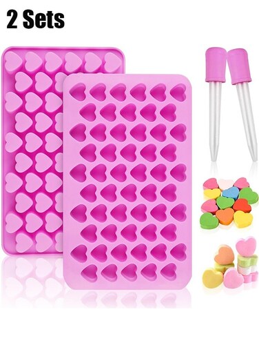 Silicone Molds for Wax Melts, 2 Pack Silicone Mini Heart Molds with 2 Droppers, Heart Candy Molds Silicone Molds for Gummies Chocolate Ice Cube Jelly Cake Soap Candle DIY Valentine Gifts (Pink)