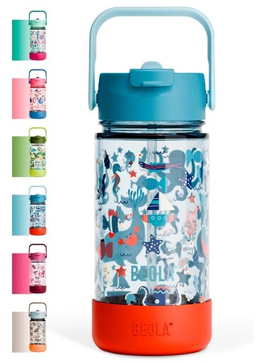 500ml Kids Water Bottle with Straw Lid and Silicone Protective Boot, Tritan Plastic, BPA BPS FREE Leak Proof and Drop Resistant Kids Water Bottles for School (Sea Vibes)
