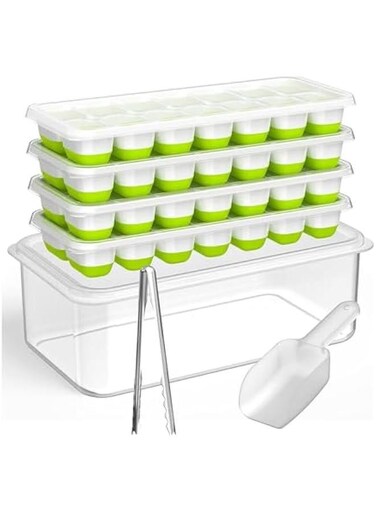 Ice Cube Tray with Lid and Bin, 4 Pack Silicone Plastic Ice Cube Trays for Freezer with Ice Box, Ice Trays with Ice Container, Stackable Ice Tray with Storage Ice Bucket Kits,Ice Tong,Ice Scoop,Gree