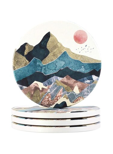 Lahome Mountain Range Coasters - Round Drinks Absorbent Stone Coaster Set with Ceramic Stone and Cork Base for Kinds of Mugs and Cups (Sunset, 4)
