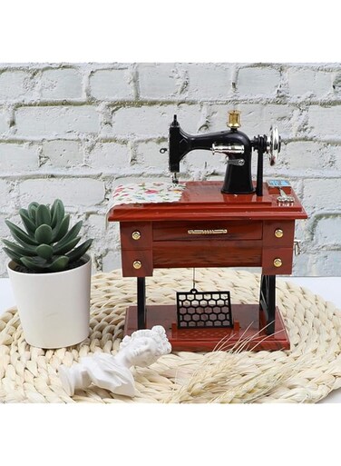 SYOSI Sewing Machine Music Box, Vintage Hand Cranked Mechanism Mini Musical Retro Classical Table Desk Decoration (Brown)