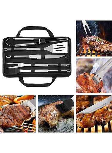 SKEIDO BBQ Tools Set 5-piece stainless steel barbecue tool set with professional knife brush fork clip spatula and convenient storage bag Suitable for outdoor barbecue and home barbecue