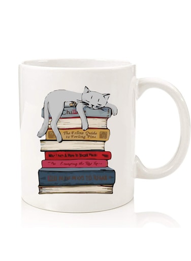 Premium Quality Two Sided Printed Coffee Mug Tea Cup For Home Office, Kids Men Women Cat on books