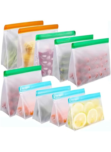 Yuroochii Reusable Freezer Ziplock Bags Food Storage Bags 10 Pack , Stand Up Reusable Storage Bags for Food Leakproof, 2 Gallon Bags + 4 Sandwich Bags + 4 Snack Bags for Kitchen Meat Fruit Cereal