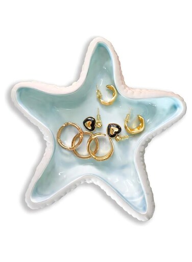 Tazweeq Ceramic Starfish Jewelry Tray Tray, Blue Jewelry Box Jewelry Tray, Ocean Style Ring Tray Jewelry Candy Tray, Key Bowl Entryway Table Earring Necklace Storage Tray Decoration