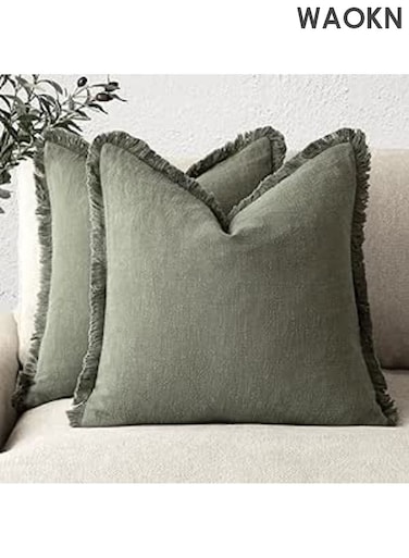 Set of 2 Decorative Linen Fringe Throw Pillow Covers , Cozy Boho Farmhouse Cushion Cover with Tassels Soft Accent Pillowcase , suitable for Couch Sofa Bed Living Room Home Decor , soft and comfortable , 45&Atilde;&mdash;45 cm , green.