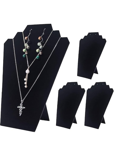 MostNow 4Pack Black Necklace Earring Jewelry Set Display Stand, Foldable Black Velvet Necklace Bust Easel Chain Necklace Holder Organizer Rack for Home or Store Show (Style1)