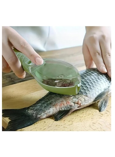 Fish Scale Remover with Lid Serrated Edge Ergonomic Grip Safety Handle Scale Catching Grooves Built In Lid for Easy Disposal Storage Hole Dishwasher Safe Kitchen Tool