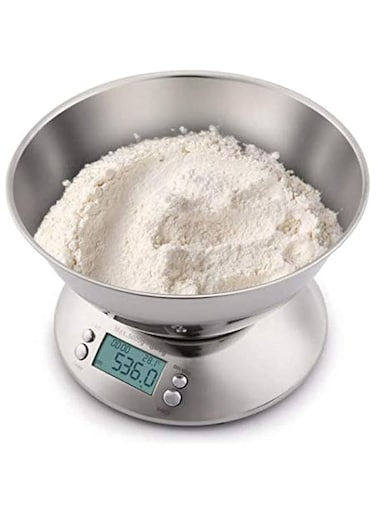 SKEIDO Electronic Digital Kitchen Scale 5kg/1g Stainless Steel Food Scale with Removable Bowl 2.15L Liquid Volume LCD Display (battery not included)
