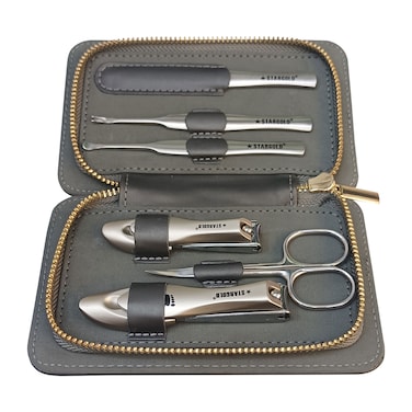STARGOLD Manicure Set 6 in 1 Nail Cutter Stainless Steel Professional Grooming Kit Fingernails Scissors Nail And Toenail Clippers Tools With Grey Leather Travel Case