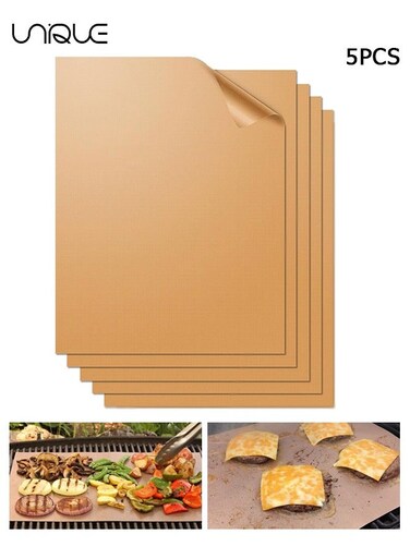 5 Pcs - Copper Grill Mats for Outdoor Grill - Reusable &amp; Easy To Clean &amp; 100% Non-Stick Copper Grill Mat - for Baking Oven Baking Sheet for Making Cookies Macaroons Bread - Brown