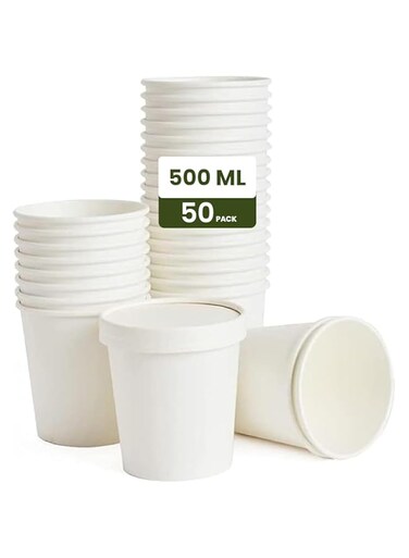 Ecoway Paper Disposable Cups 8 Oz - Pack Of 50 Ice Cream Cup Without Lid Eco-Friendly Desert Bowls Hot Or Cold Food Cups, Tea Cup, Coffee Cup Biodegradable Party Supplies, Yogurt Take Outs, White