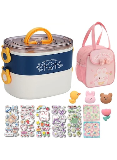 FUIN Bento Box For School, Kawaii Lunch Box, 4 In 1 Stainless Steel Lunch Box Set With Bento Bag, Cutlery, Cookie Bag, 2-Layer Stacked Leakproof Cute Bento Box, Suitable For Travel, Office, Gym (Blue)