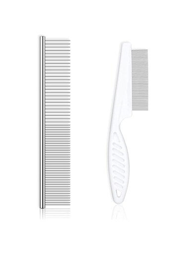 Dog Combs Cat Comb for Grooming with Rounded Ends Stainless, Flea Comb for Pets, 2 Pack Long and Short Haired Dog and Cat Professional Grooming Pet Tick Combs for Removing Tangle and Knots