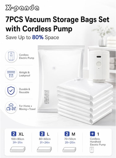 Vacuum Storage Bags Set with Cordless Electric Pump, 7-Pack Reusable Space Saver Bags(2 Extra Large 100&Atilde;&mdash;80cm/39&Atilde;&mdash;31 in, 2 Large 80&Atilde;&mdash;60cm/31&Atilde;&mdash;24 in , 2 Medium 70&Atilde;&mdash;50cm/28&Atilde;&mdash;20 in)