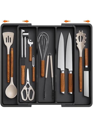 Lifewit Cutlery Tray Drawer Expandable Kitchen Utensil Holder Adjustable Cutlery Holder Kitchen Utensil Divider Plastic Divider Large Black