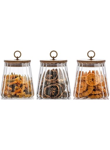 TAPIT Glass Storage Jars with Airtight Lids, Decorative Coffee Bar Container with Airtight Bamboo Lid Metal Ring Canisters Sets for Home Kitchen Storing Candy, Cookie, Nuts, Oatmeal (Taper, 3pcs)