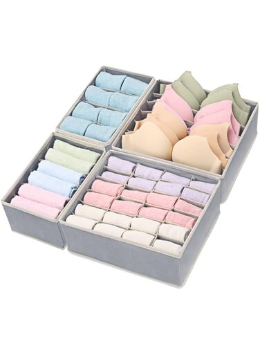 Felibeaco Foldable Bras and Underwear Drawer Organizers Dividers,Fabric Closet Dresser Organizers Divider, Clothes Storage Organizers Box for Panties, Socks, Lingerie,Ties, Scarves, 4 Sets,Gray
