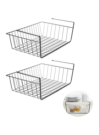 AKDC Household Metal Under Shelf Hanging Storage Bin Basket with Open Front for Organizing Kitchen Cabinets, Cupboards, Pantries, Shelves - Large Pack of 2 (Black) (Black)