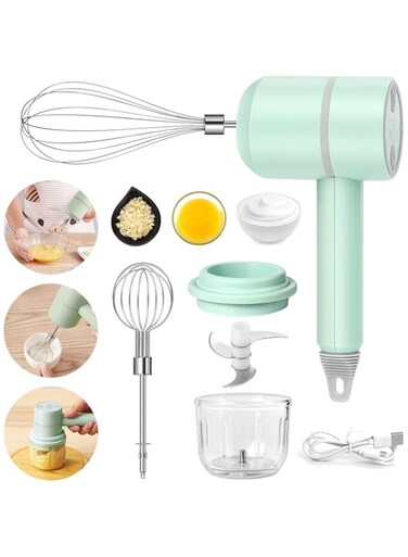 Electric Garlic Chopper, 3 IN 1 Rechargable Egg Beater Food Processor with 300ML Glass Container, Cordless Electric Blender for Kitchen Cooking Baking, Puree Infant Food, Smoothies, Sauces(Green)