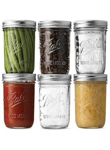 Khazna Ball Wide Mouth Mason Jars (16 oz/Capacity) [6 Pack] with Airtight lids and Bands. For Canning, Fermenting, Pickling, Decor - Freezing, Microwave And Dishwasher Safe