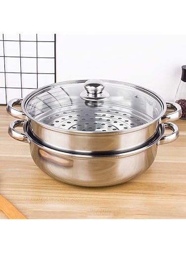 Aokraty 2-Tier Stainless Steel Steamer, 7-Inch Multi-Layer Steamer Pot With Handles On Both Sides, Steamer Capsule Bottom With Glass Lid - Dumpling Steamer Food, Steam Pot, Veggie Steamer