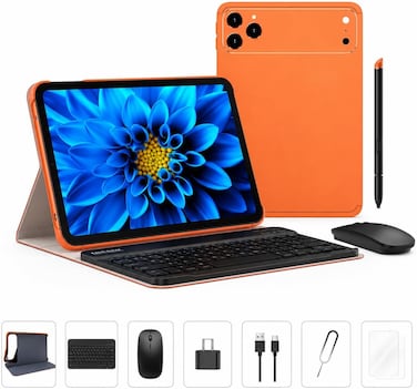 M48 Android 15 Tablet 10.1-Inch HD Display, 12GB RAM + 512GB ROM, 10000mAh Battery, Dual SIM, 8MP Front Camera, 20MP Rear Camera, Complete Productivity Bundle &ndash; Keyboard, Mouse, Stylus &amp; Case-Orange