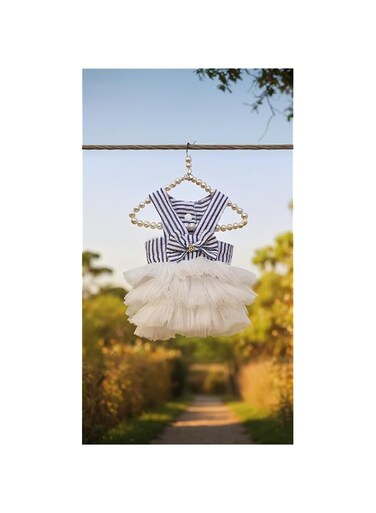 Sweet seven Pet Dog Dresses - Striped Mesh Puppy Vest Tutu Princess Dress with Bowknot for Small Breed Dogs Cats, Doggy Apparel Supplies (Large)