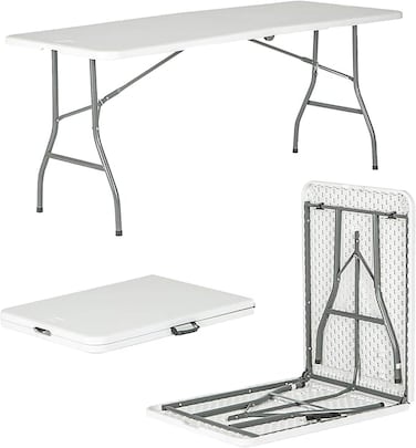 SKY-TOUCH Folding Lightweight Trestle Outdoor Camping Table,Heavy Duty Plastic Outdoor Folding Picnic Table,Folding Trestle Table For BBQ Party, Folds in Half with Carry Handle,White(180&times;75&times;75cm)