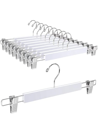 Amber Home 36cm White Wooden Pants Hangers 10pcs, Smooth Wood Skirt Hanger Organizer with Adjustable Anti-Slip Chrome Clips, Space Saving Solid Clothes Hangers Rack for Bottoms Jeans Slacks Trousers&hellip;