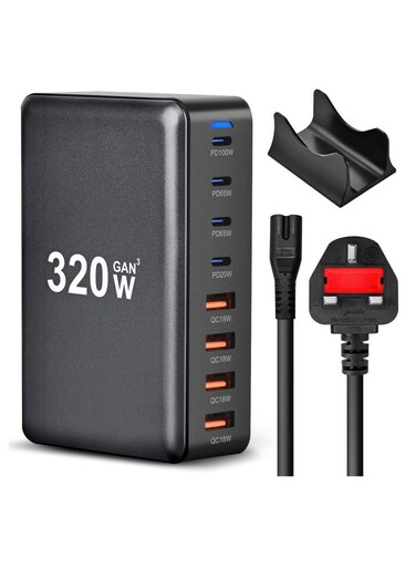 320W USB-C Charger, 8-Port Fast Charging Station, Type-C Hub, PD 100W, 65W, 20W Laptop Adapter