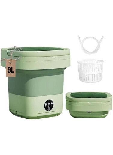 Mini Portable Washing Machine with Spin Dryer, Upgraded 9 Litre Capacity, Foldable Design Mini Washing Machine Light weight for Baby Clothes, Underwears. Green, Light pink, Purple [Pack1] (Green)