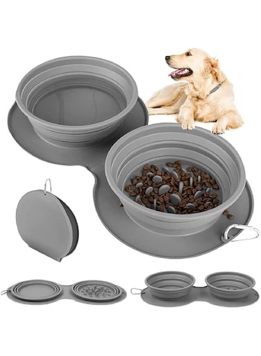 Bolivia's Collapsible Dog Bowls, 2 in 1 Portable Silicone Travel Pet Feeder Bowl, Expandable Pet Food and Water Double Bowl, Cat Feeder Dish with Carabiner for Traveling, Hiking, Walking, Camping